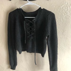 Grey Lace-Up Sweater